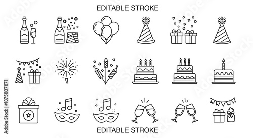 Celebration and Party Line Icons: A Vector Illustration Set Featuring Editable Strokes, Perfect for Invitations, Decorations, and Digital Designs. Includes Champagne, Gifts, Cakes, Fireworks
