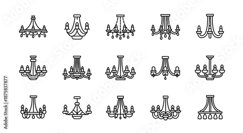 Collection of minimalistic line art icons representing various chandelier designs, perfect for web, graphic design, apps, banners, social networks, and cards. This vector cartoon illustration set