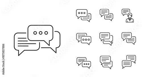 Set of clean line art chat message icons and speech bubbles with text messages symbols, representing communication and conversation, isolated on a white background, perfect for digital interfaces and