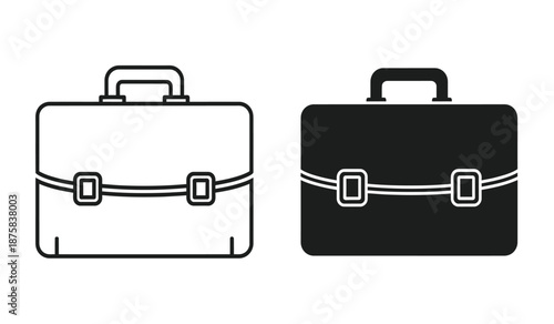 Two briefcases in black and white with handles and buckles on straps side by side