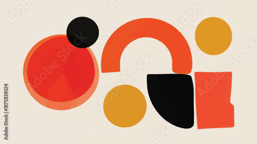 Vibrant abstract shapes in orange, black, and yellow on beige background