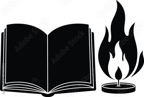 Open Book and Candle Flame Illustration.