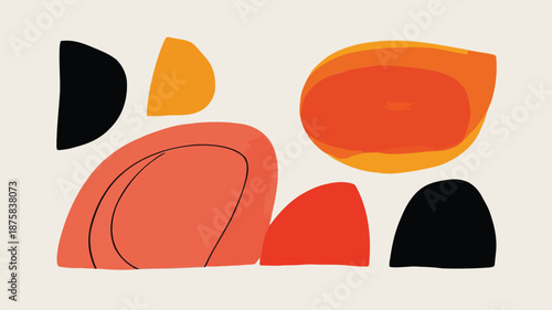 Vibrant abstract shapes in orange, red, and black hues on cream background