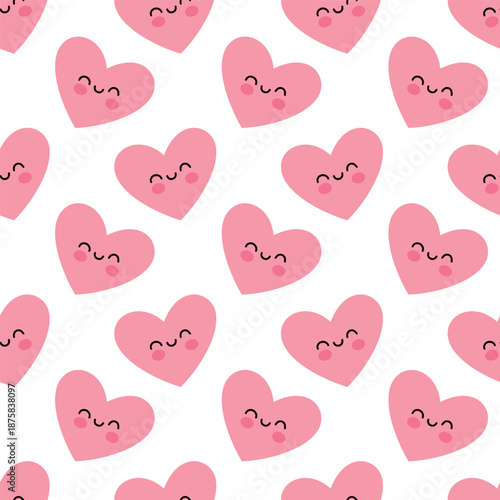 Seamless Cute Pink Heart Pattern with Smiling Faces in Kawaii Style