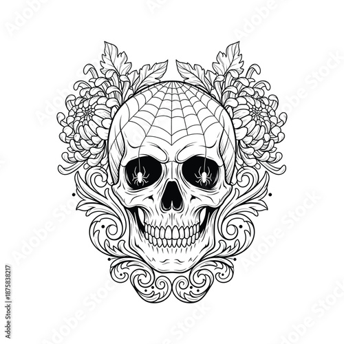 Ornate Skull with Floral Decorations and Web.