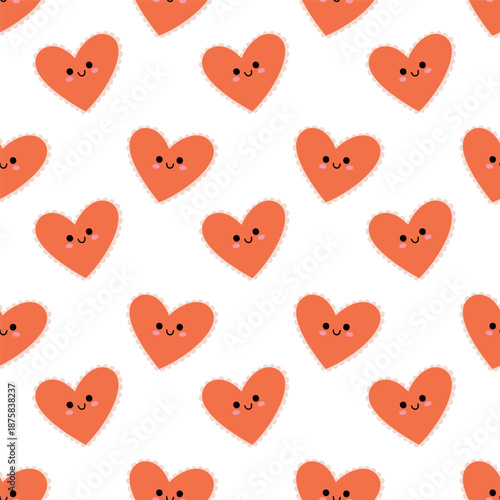Seamless Cute Orange Heart Pattern with Smiling Faces in Kawaii Style