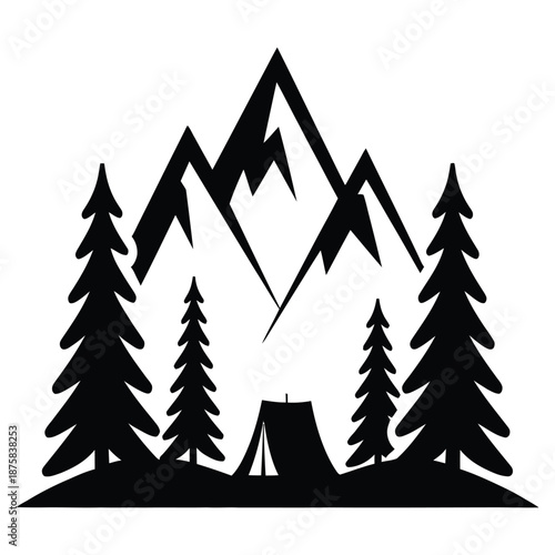 Camping adventure under mountain peaks nature escape into wilderness with tent among pine trees for outdoor lifestyle exploration silhouette
