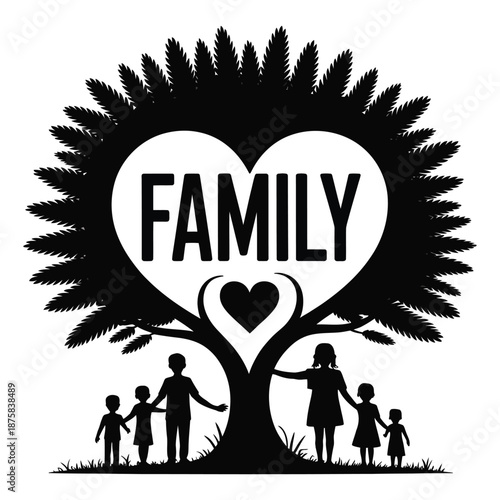 Family tree with heart shaped leaves vector illustration love togetherness children parents relationship silhouette design genealogy unity connection affection
