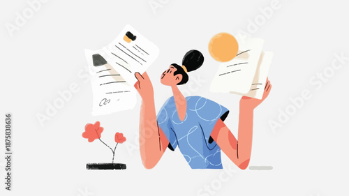 Overwhelmed woman surrounded by paperwork in modern minimalist workspace