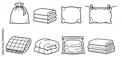 Hand drawn line art home textiles set featuring a laundry bag, folded towels, pillows, a blanket, and a duvet for domestic use