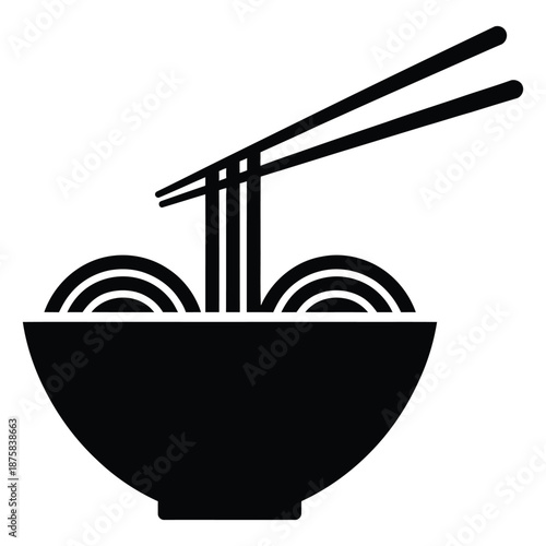 Illustration of delicious asian noodles served in bowl with pair of chopsticks representing oriental restaurant traditional cuisine isolated on white background