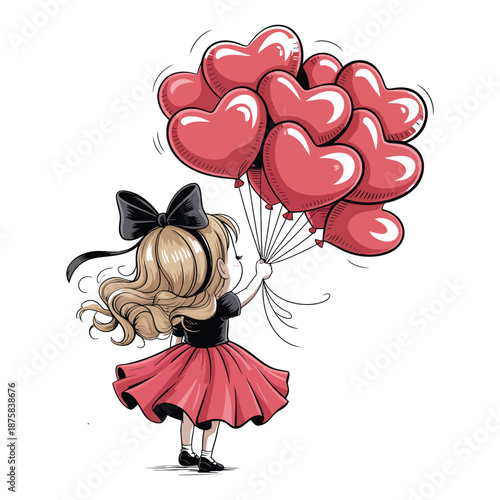 Little girl holding bunch of heart shaped balloons with black bow in her hair wearing dress representing childhood innocence and love
