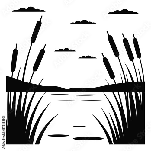 Silhouette scenery reflection of reed grass and aquatic plants in calm lake water with clouds nature landscape illustration isolated design