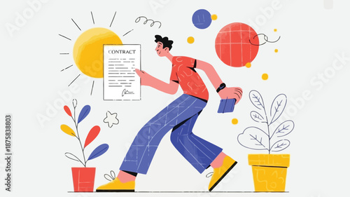 Man excitedly signing contract with one hand and holding a book in the other