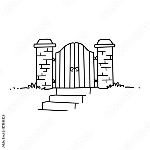 Minimalist black and white garden gate with brick pillars and steps for home, architecture, or landscape design