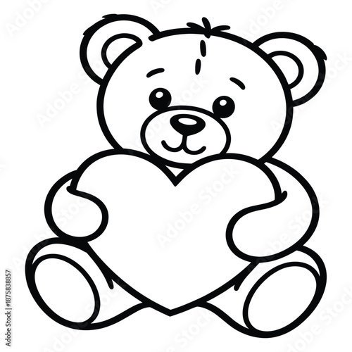 Teddy bear holding heart black and white outline vector illustration isolated on white background for coloring book page or valentines day card