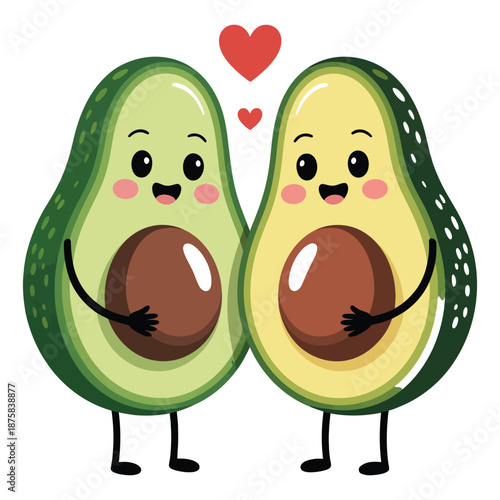 Two adorable avocados in love standing with cute smiles under hearts great for valentines day cards or romantic designs with fruits and love theme cartoon drawing