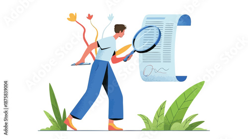 Man examining document with magnifying glass in hand