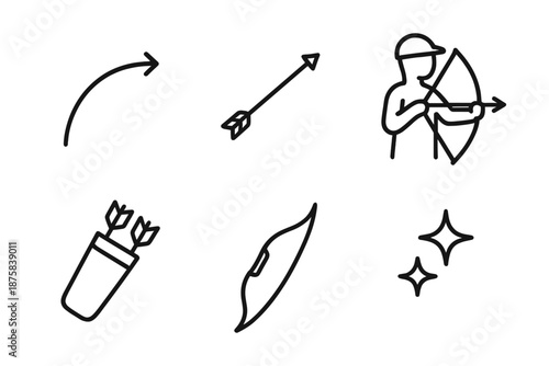 Huntershot Icons. Line style icons of Huntershot Curve: weapon arc, arrow flight, hunter figure, quiver slant, bow limb, soft