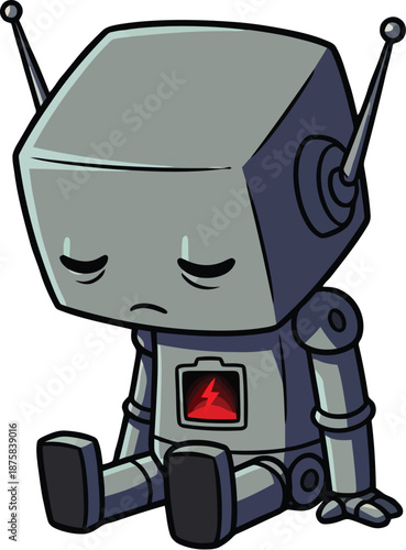 Sad Robot Sitting with Low Battery.