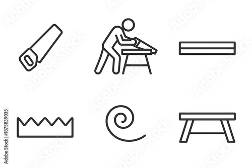 Carpenter Saw Icons. Line style icons of Saw Carpenter Cut: saw silhouette, carpenter stance, wood plank, tooth edge, chip arc,