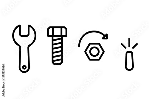 Wrench and Bolt Icons. Line style icons of Wrench Bolt Fix: wrench silhouette, threaded bolt, fixing arc, nut edge, tool grip,