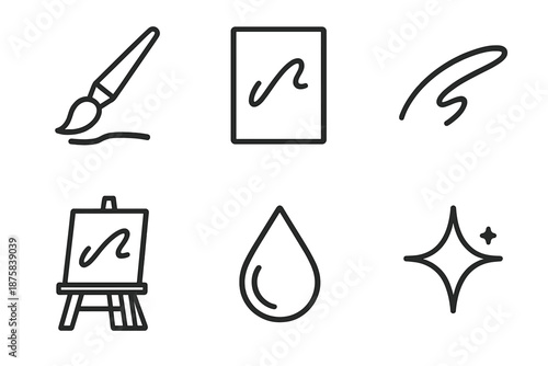 Line Style Art Icons. Line style icons of Masterline Canvas Art: brush trace, upright canvas, smooth stroke, easel frame, tint