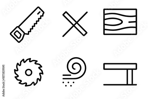 Cutblade Carpenter Icons. Line style icons of Cutblade Carpenter: slim saw, carpenter mark, timber sheet, blade teeth, chip motion