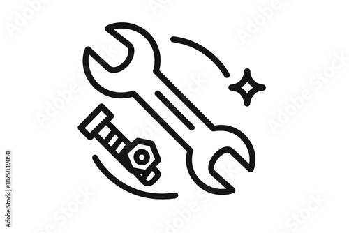 Repair Bolt Icon. Line style icons of Repair Bolt Grip: wrench shape, bolt shaft, grip line, nut mark, motion curve, faint shimmer