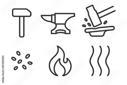 Forge Hammer Icons. Line style icons of Forge Hammer Strike: hammer outline, sturdy anvil, hot iron, ember scatter, flame curl,