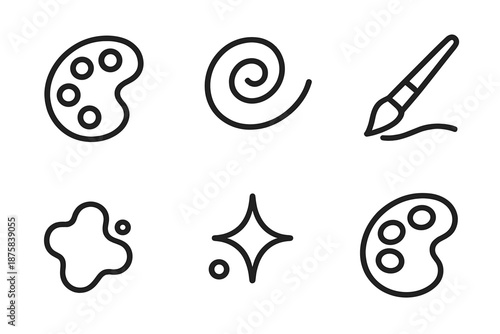Palette Swirl Icons. Line style icons of Palette Swirl Mix: curved palette, soft wells, swirl stroke, brush angle, tint speck,