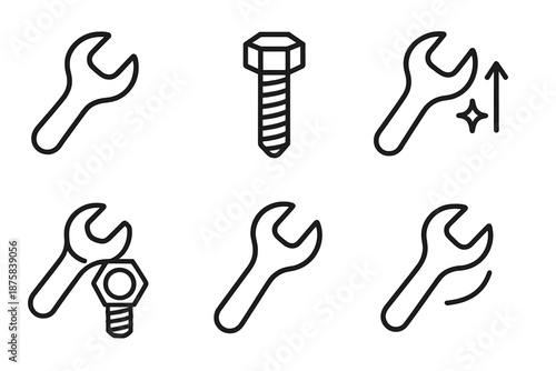 Wrenchbolt Icon Design. Line style icons of Wrenchbolt Adjust: tool arc, bolt tip, adjust cue, thread bend, handle slope, tiny