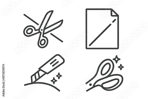 Design Shear Icons. Line style icons of Design Shear Slice: shear outline, slicing line, craft paper, blade sweep, grip curve,
