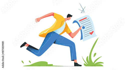 Man in a hurry holding a document with a heart