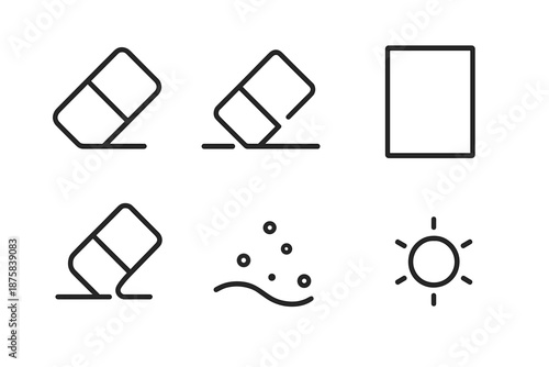 Blankwipe Eraser Icons. Line style icons of Blankwipe Eraser: eraser outline, erased line, clean sheet, rub curve, debris dot,