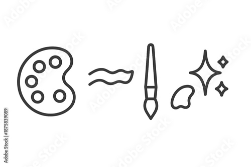 Art Palette Icons. Line style icons of Palette Color Mix: artist palette silhouette, color wells, mixing stroke, brush tip, dab