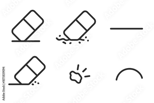 Eraser Line Icons. Line style icons of Mistakeline Erase Scene: eraser form, smudged trace, fresh blank, stroke sweep, dust flick,