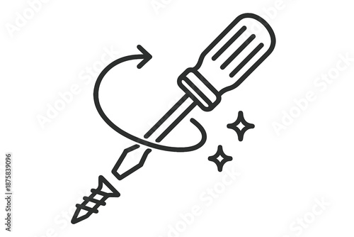 Driver Spiral Icons. Line style icons of Driver Spiral Turn: screwdriver arc, spiral motion, screw tip, grip band, thread detail,