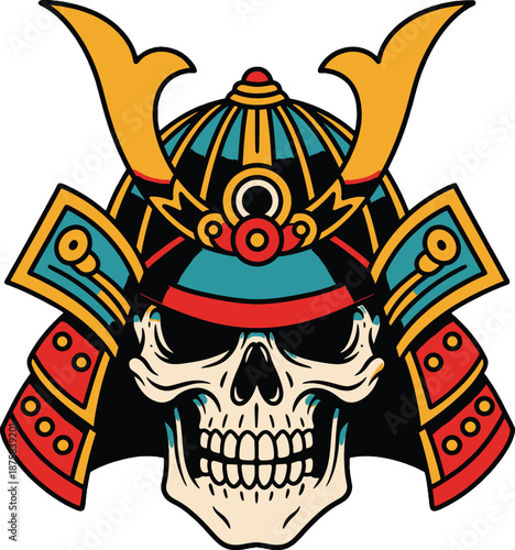 Samurai Skull with Traditional Japanese Helmet.