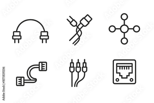 Wired Connection Icons. Wired link bridging: Line style icons of bridging plug, cable bond, node connector, transfer strand,