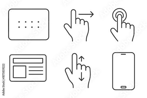 Interactive Digital Interface. Digital touch interface: Line style icons of touchscreen panel, drag motion, tap circle, UI layout,