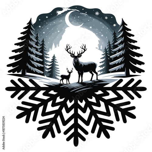 Winter wonderland scene with deer family under snowy moonlit sky framed by pine trees and snowflake silhouette creating festive christmas background