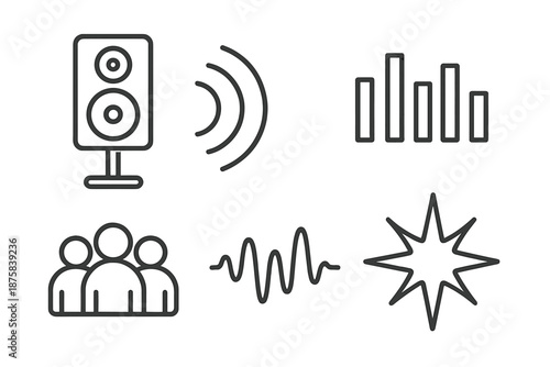 Event Vibes Icons. Loud event atmosphere: Line style icons of event speaker, booming arcs, equalizer lines, crowd symbol, rhythm