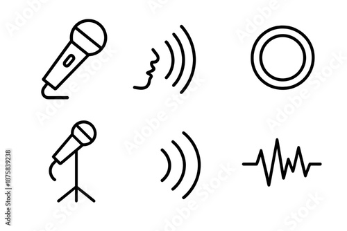 Vocal Sound Illustrations. Vocal sound projection: Line style icons of dynamic mic, voice arcs, resonance ring, stage stand, echo