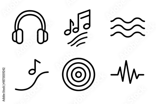 Music Escape Icons. Music-driven escape: Line style icons of dynamic headset, rising notes, streaming waves, audio path, resonance