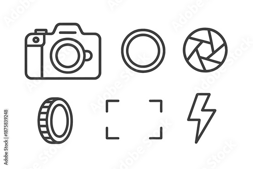 Camera Icon Elements. Camera lens capture: Line style icons of camera body, round lens, shutter blades, focus ring, viewfinder