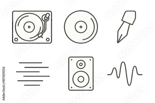 Retro Audio Icons. Retro audio revival: Line style icons of old turntable, vinyl disc, tonearm tip, rhythm lines, classic speaker,