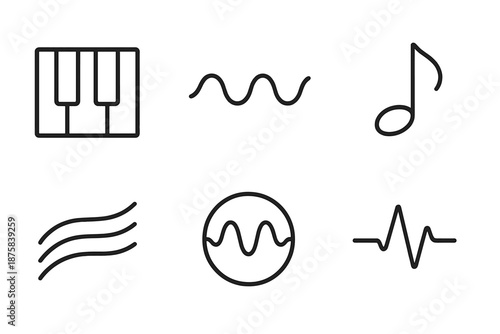 Musical Line Icons. Piano sound expression: Line style icons of keybed, vibrating wave, gentle note, harmony streak, resonance