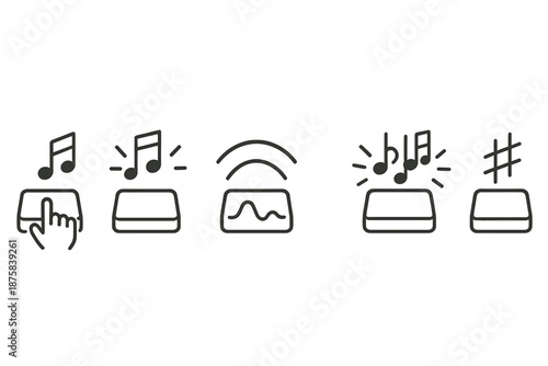Melodic Keystroke Icons. Melody-rich keystrokes: Line style icons of key press, note flare, rhythm arcs, audio curve, chord glow,