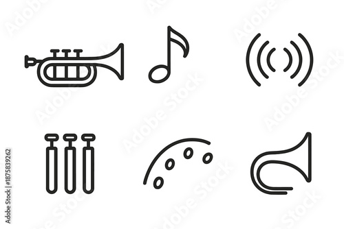 Jazz Trumpet Icons. Trumpet brass jazz: Line style icons of trumpet horn, jazz note, sound waves, valve keys, melody arc, brass